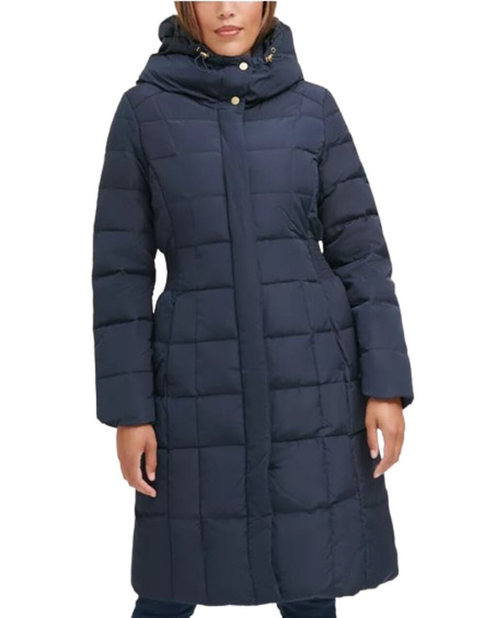 COLE HAAN Women’s Box Quilt Down Puffer Coat XS Navy Blue Hooded NWT
